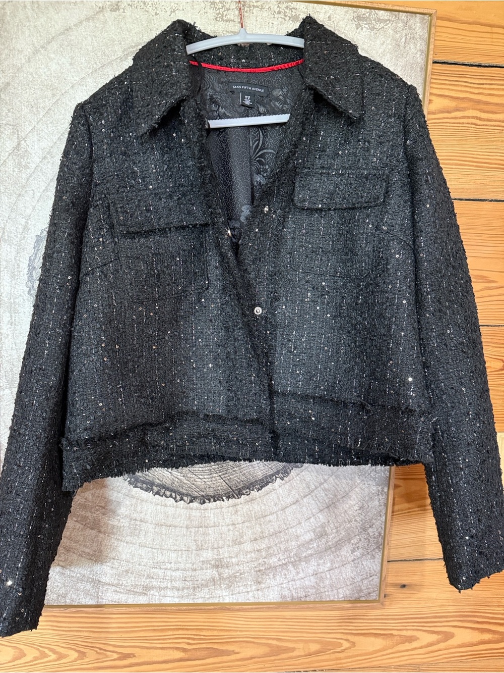 Saks Fifth Avenue Black Cropped Tweed Jacket - Fringe, Metallic, Edgy, Washable